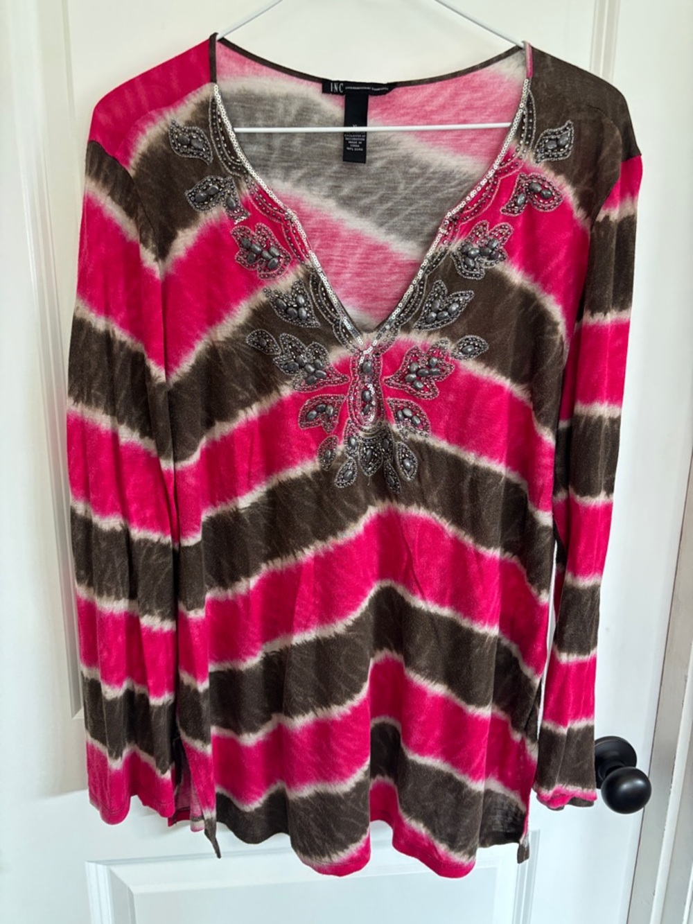 INC International Concepts Hot Pink and Brown Embellished V-Neck Tunic